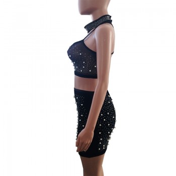 Sexy Spaghetti Strap Rhinestone Pearl Choker Set Two Pieces Sparkly Pearl Details Back Straps Mini Dress Night Out 